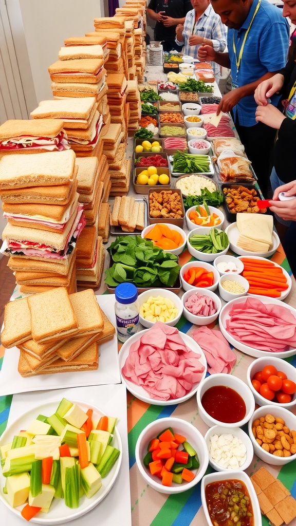 A colorful sandwich bar with assorted breads, meats, cheeses, and fresh toppings ready for guests to create their sandwiches.